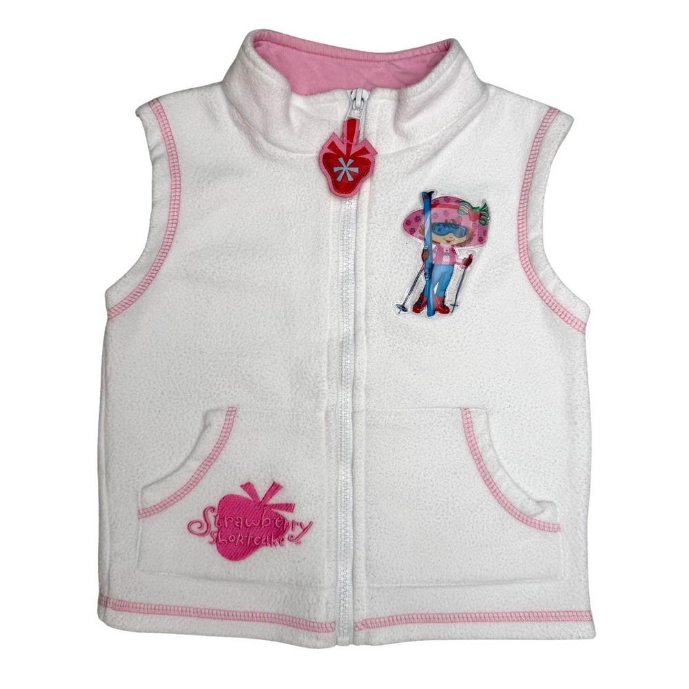 Vintage Y2K Strawberry Shortcake Fleece Vest Skiing Patch Kidcore White Pink 3X